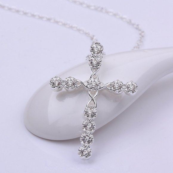 Sterling Silver CZ Diamond Cross Necklace - Picture 3 of 5